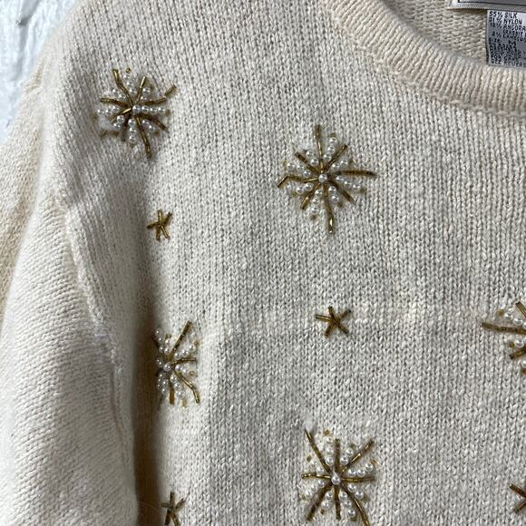 Not So Ugly Christmas Sweater Ivory Gold Beaded Snowflakes Vintage - Picture 4 of 8